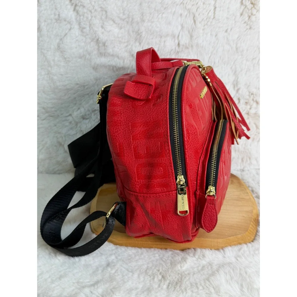 Steve Madden Red Embossed Logo Mini Backpack Gold Hardware Tassel Charm Womens