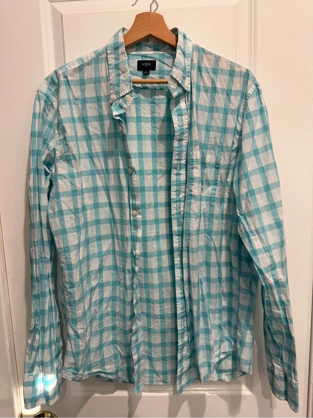 J. Crew Men’s Aqua and White Plaid Button-Down Shirt
