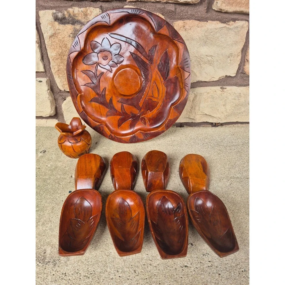 Vintage Hand Carved Wood Snack Serving‎ Set Tray Bowls Mid Century Boho