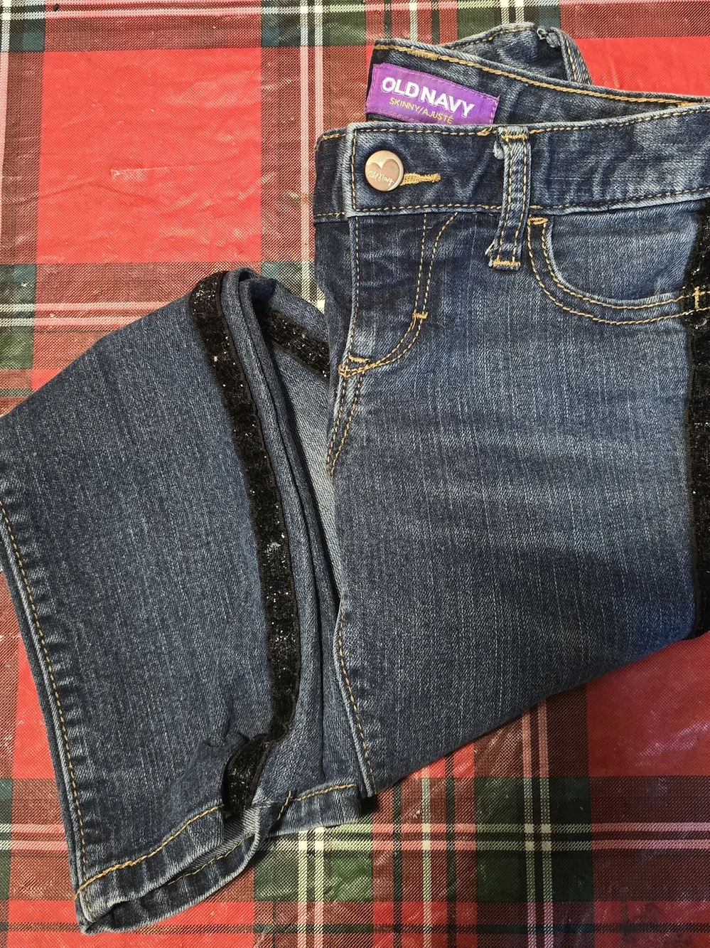 Old Navy Girls Dark Blue Skinny Jeans with Black Sparkle Side Trim