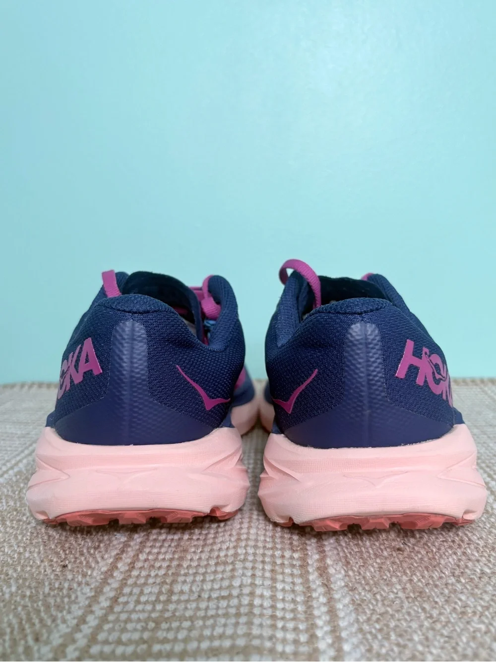 Hoka Women's Zinal Trail Running Shoe. Fuchsia/Navy Blue/Orange Accents. Size-7