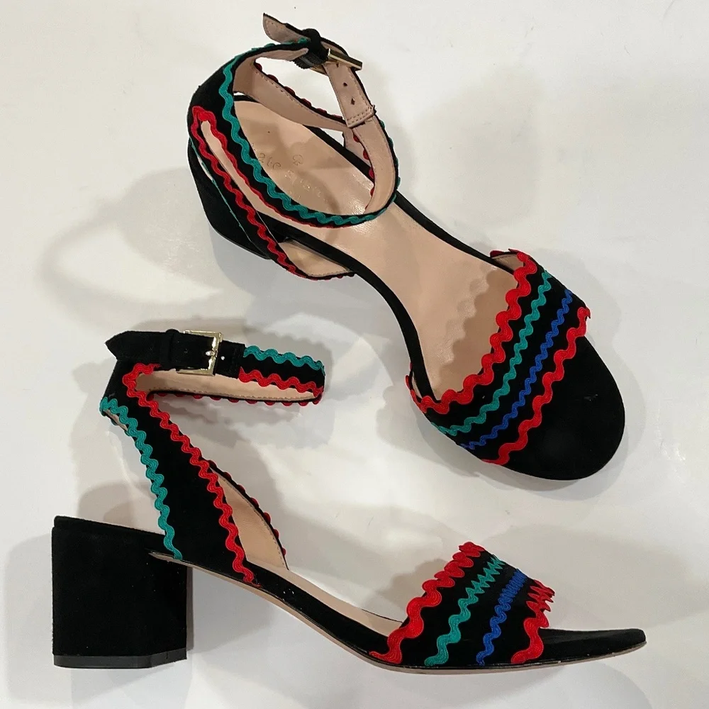 KATE SPADE Piedra Scallop Suede Block Heel Sandal Black/Multi Size 9