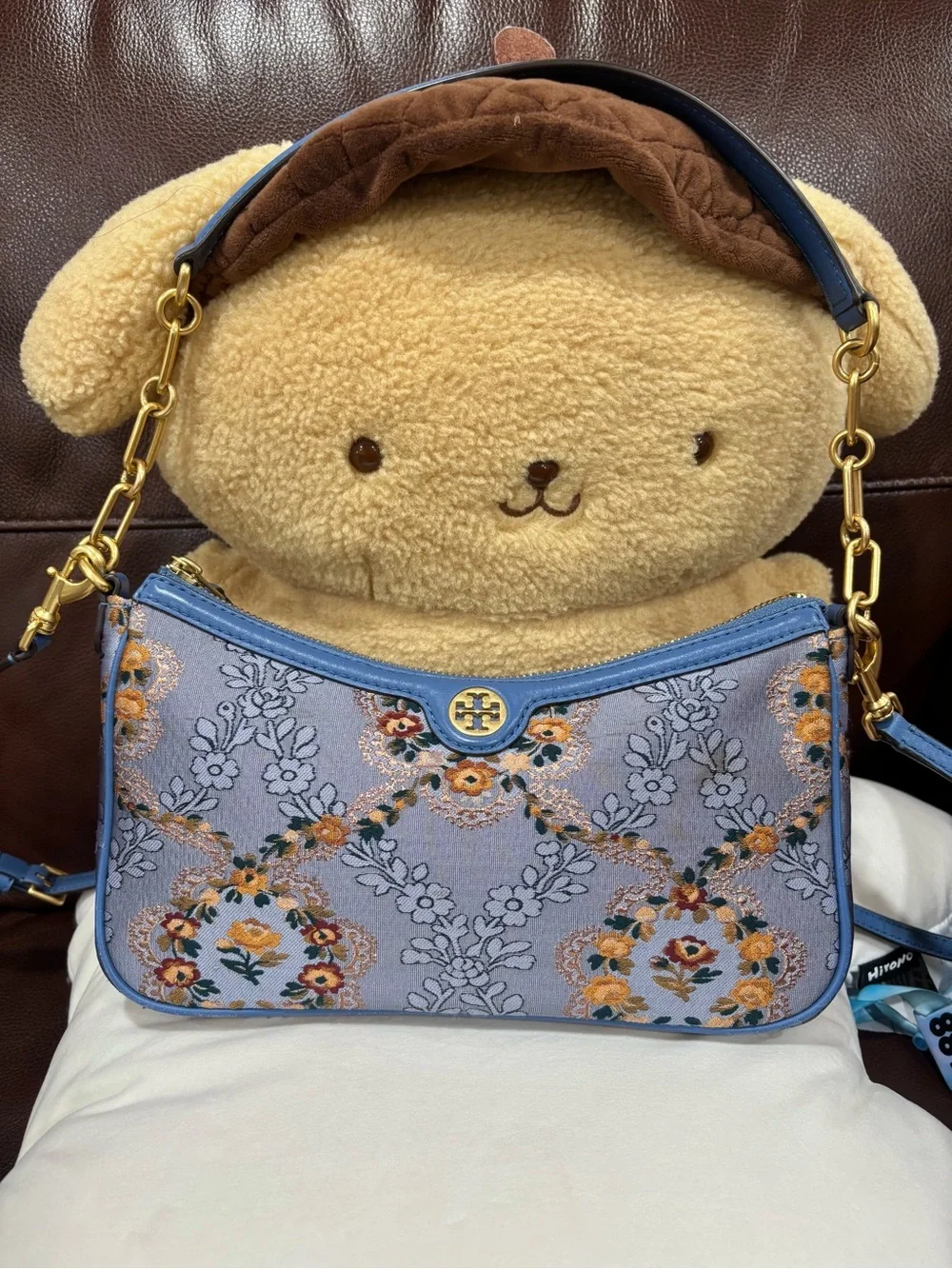 Tory Burch Blue Floral Embroidered Shoulder Bag with Gold Colored Hardware
