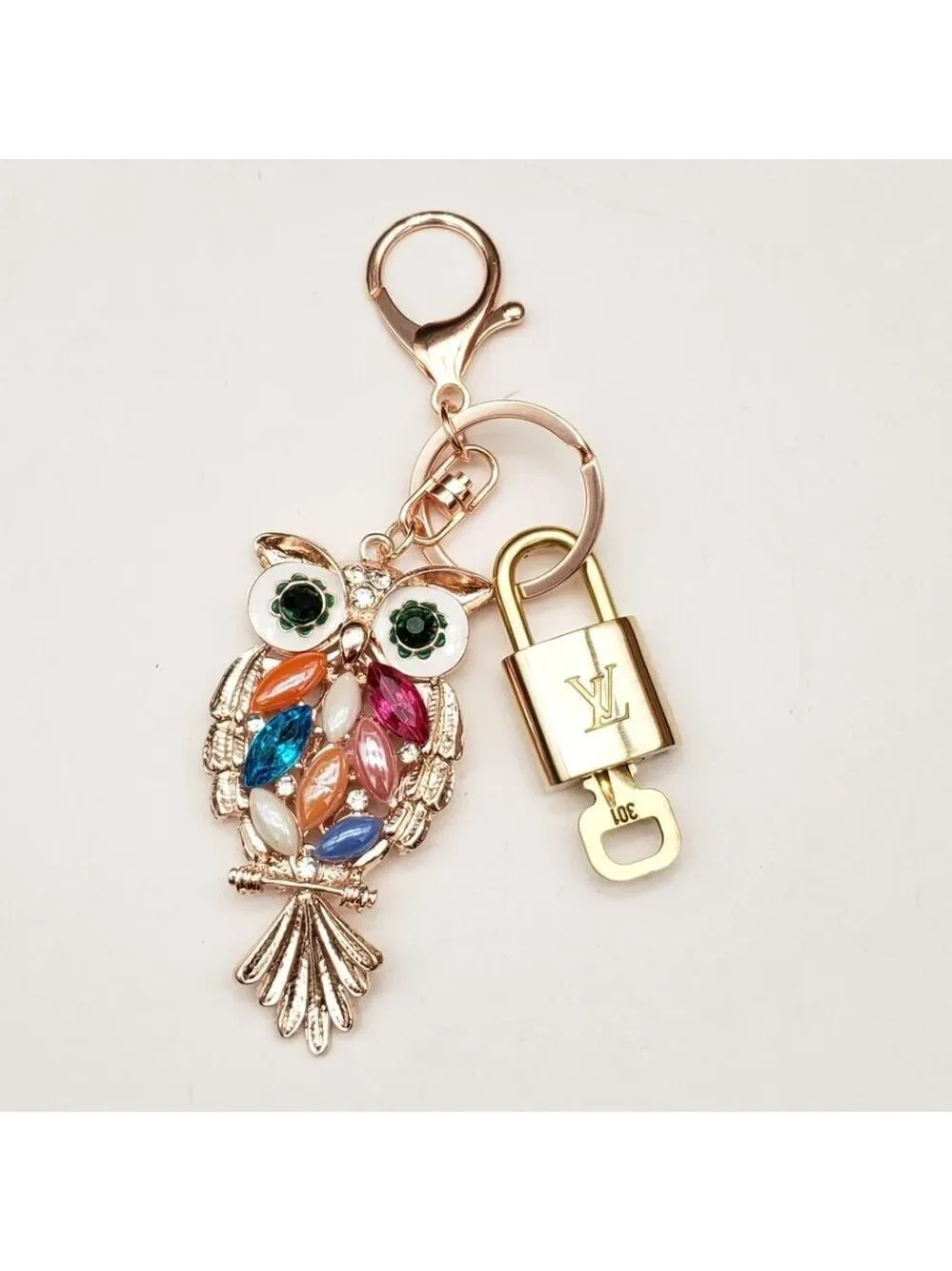 LV Authentic Gold Lock & Key 🔑 Luxury Bag Charm w/ Unbranded Owl Keychain