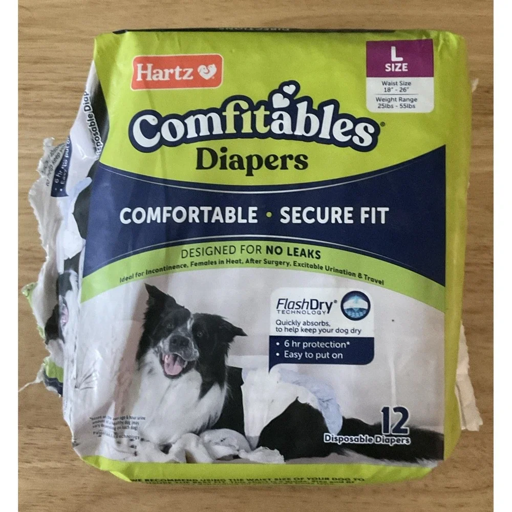Hartz Comfitables 12 Disposable Diapers For Dogs,‎ Large, Opened But Never Used.