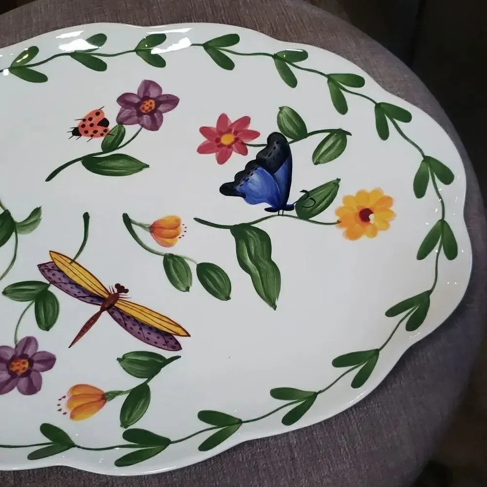 Vintage Handpainted Glazed Ceramic Serving Platter Butterfly Dragonfly Ladybug