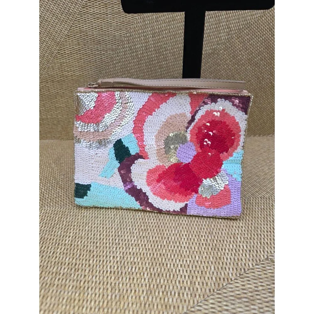 LULU Floral Sequin Clutch Wristlet With Peach Satin Lining & Zipper‎ Closure