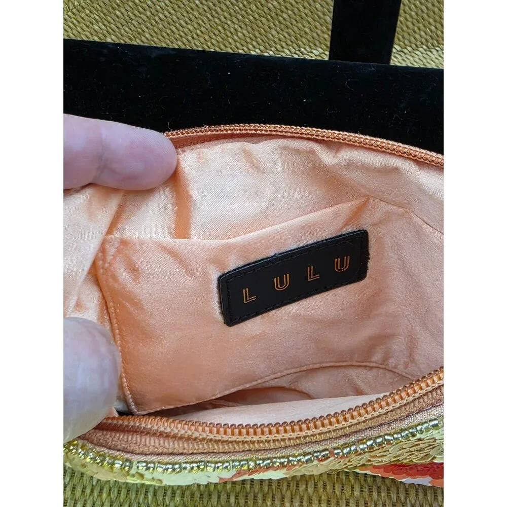 LULU Floral Sequin Clutch Wristlet With Peach Satin Lining & Zipper‎ Closure