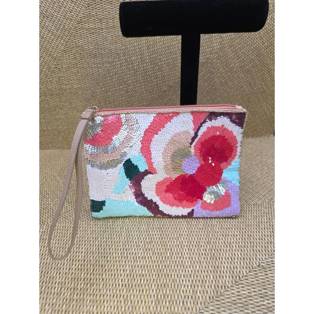 LULU Floral Sequin Clutch Wristlet With Peach Satin Lining & Zipper‎ Closure