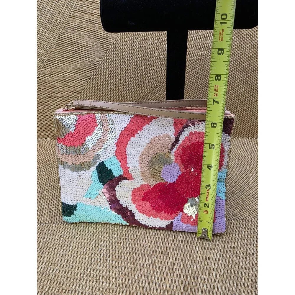 LULU Floral Sequin Clutch Wristlet With Peach Satin Lining & Zipper‎ Closure