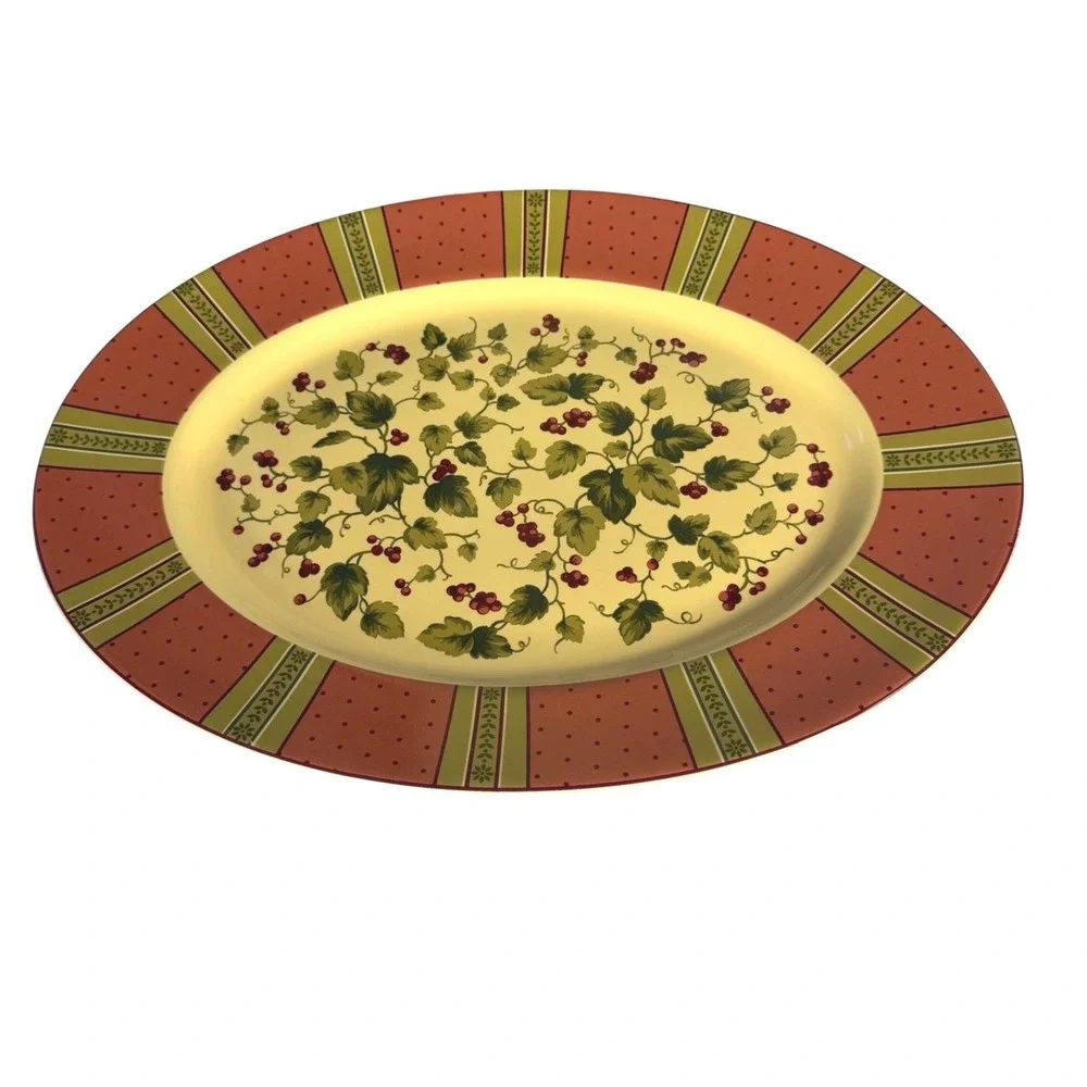 Waverly Garden‎ Room Oval Serving Platter Red Berries Floral Stripe Poland 98