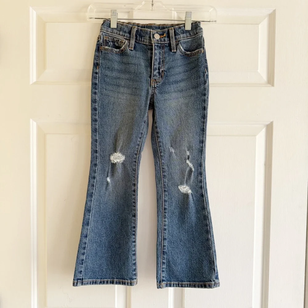 Old Navy Kids Girls Size 7 High Rise Flare Jeans‎ Distressed Blue Denim