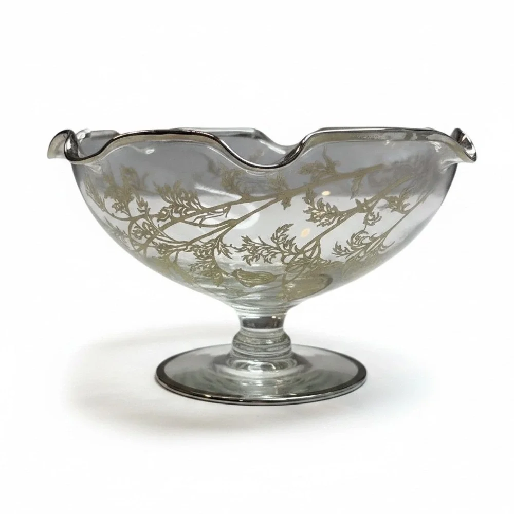 Vintage Silver City Poppy Glass Footed Bowl Clear Ruffle Rim Floral Pedestal 50s