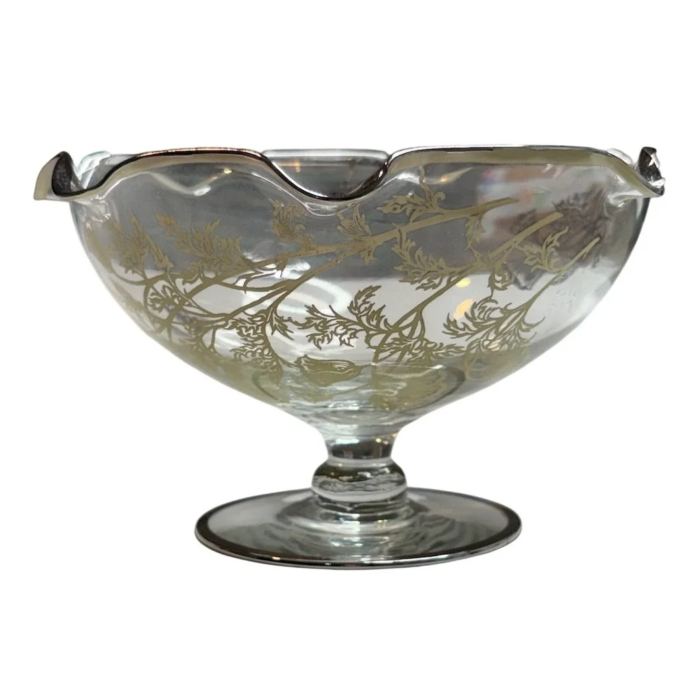 Vintage Silver City Poppy Glass Footed Bowl Clear Ruffle Rim Floral Pedestal 50s