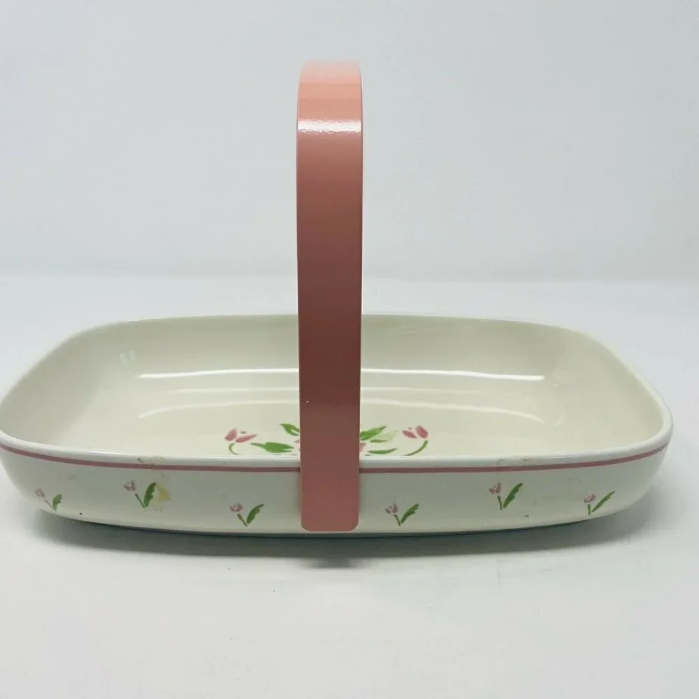 Vintage Teleflora 1985 Ceramic Serving Dish with Handle Pink‎ Floral Print White