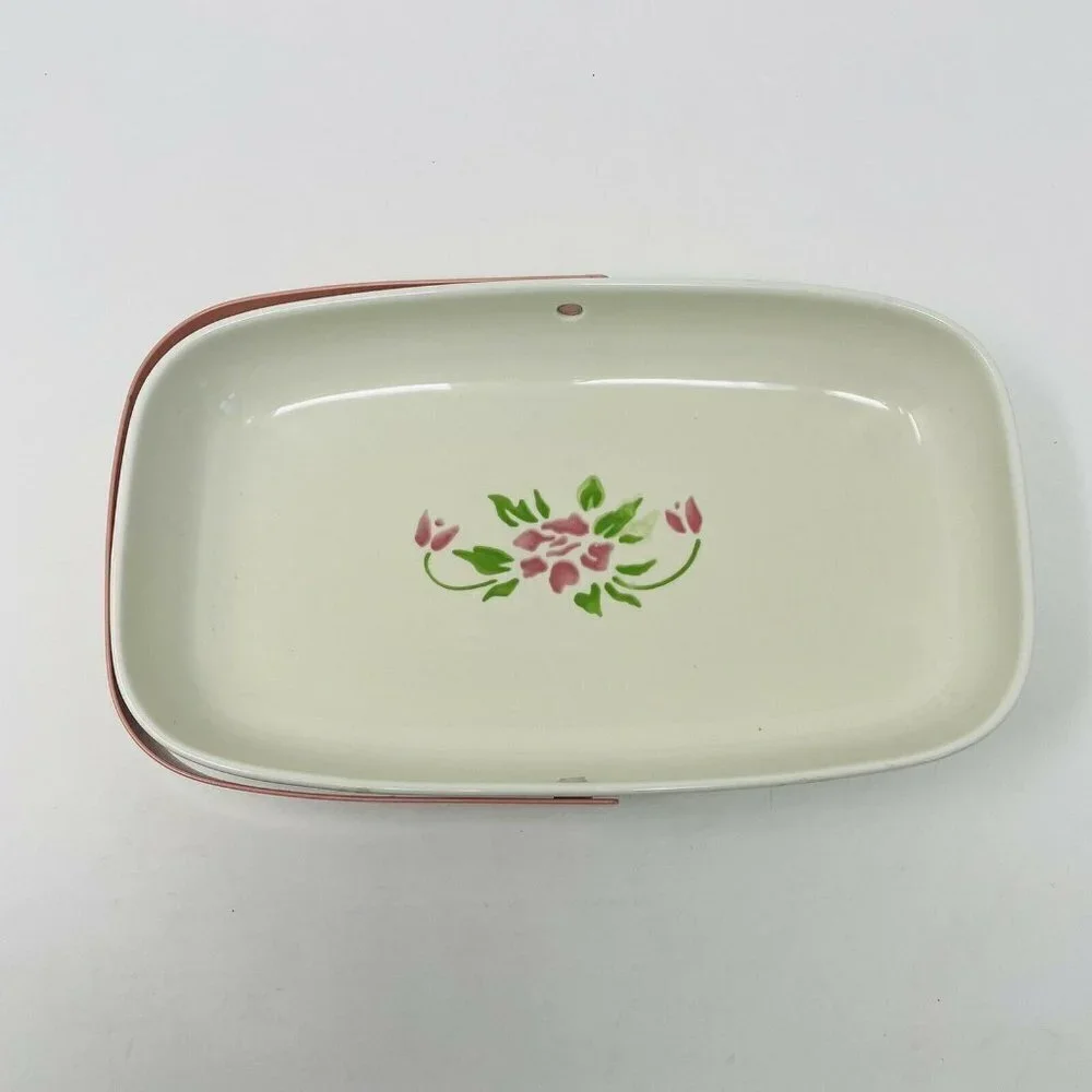Vintage Teleflora 1985 Ceramic Serving Dish with Handle Pink‎ Floral Print White