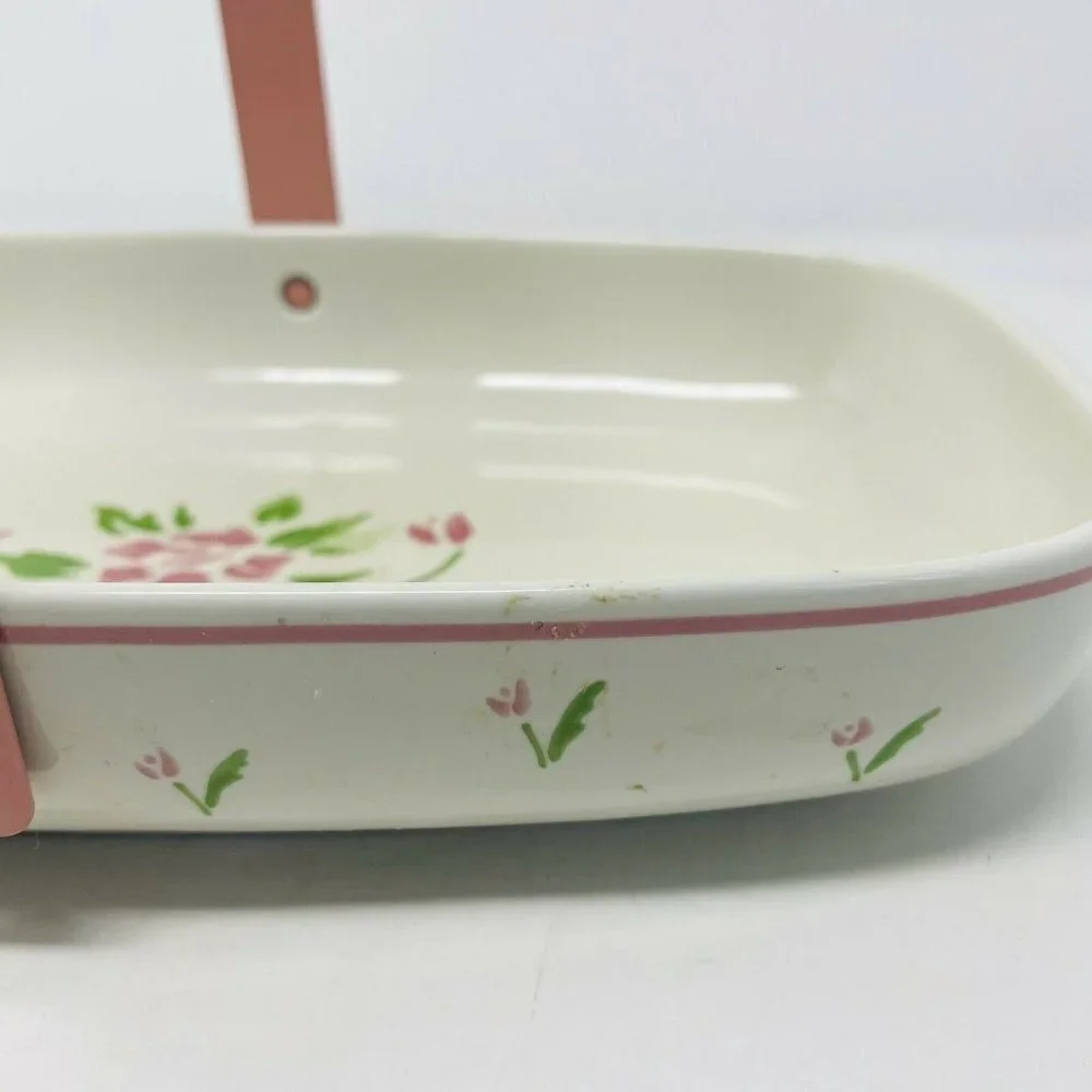 Vintage Teleflora 1985 Ceramic Serving Dish with Handle Pink‎ Floral Print White