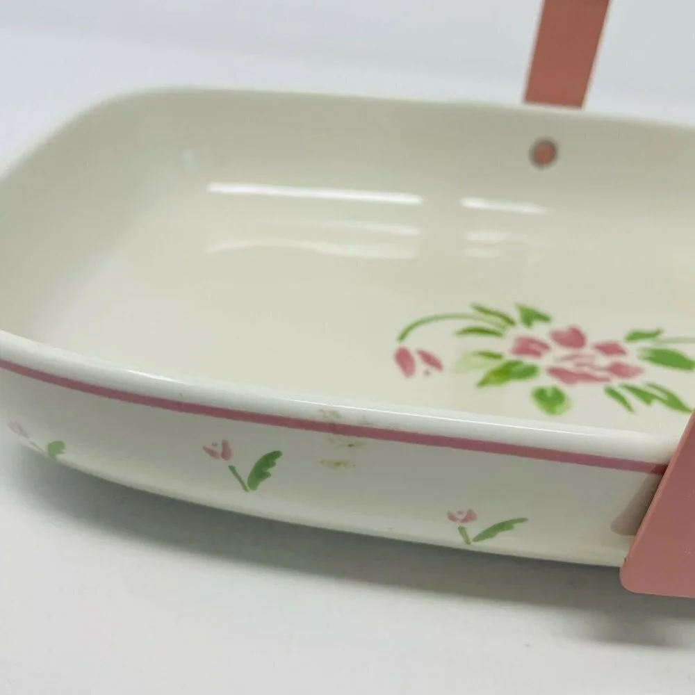 Vintage Teleflora 1985 Ceramic Serving Dish with Handle Pink‎ Floral Print White