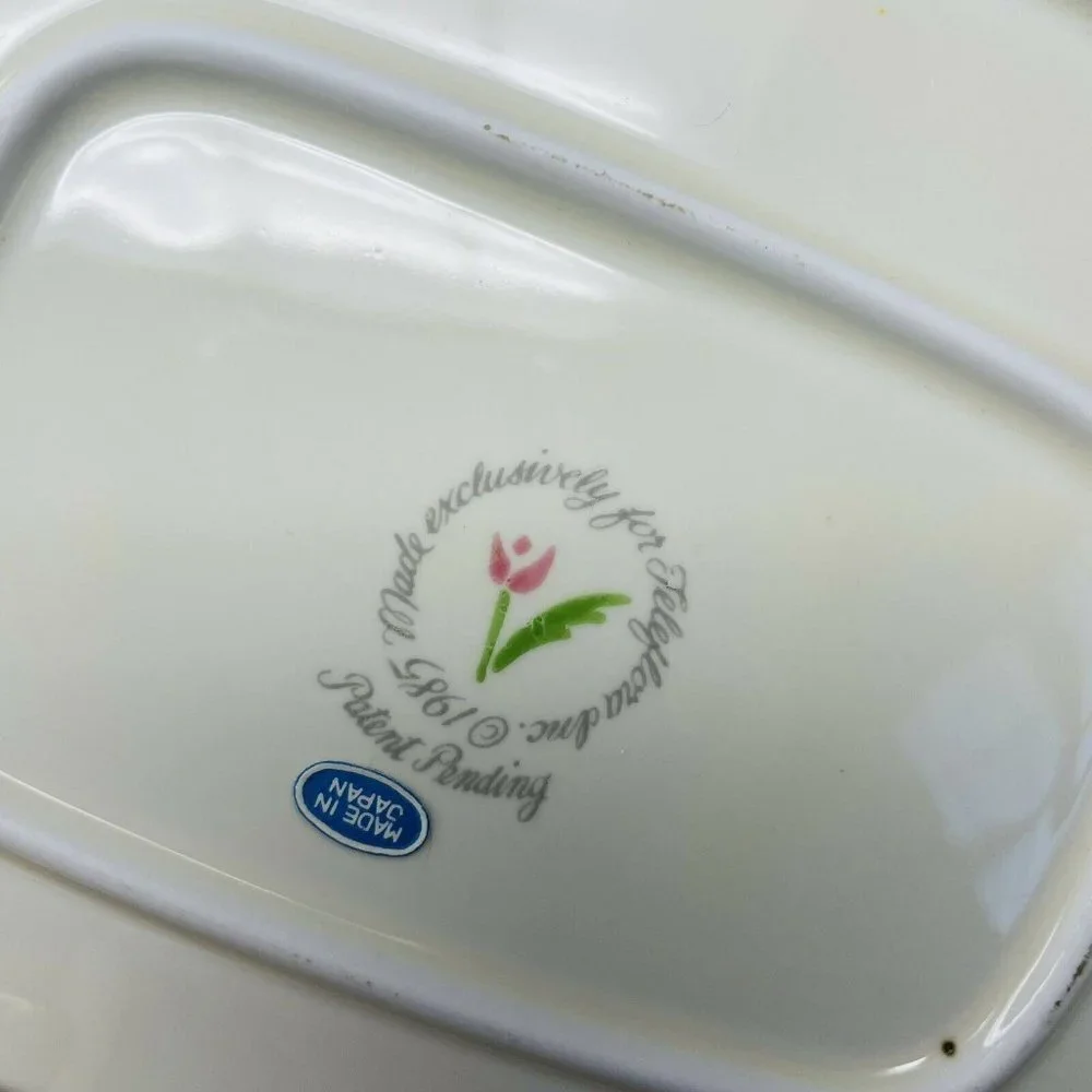 Vintage Teleflora 1985 Ceramic Serving Dish with Handle Pink‎ Floral Print White