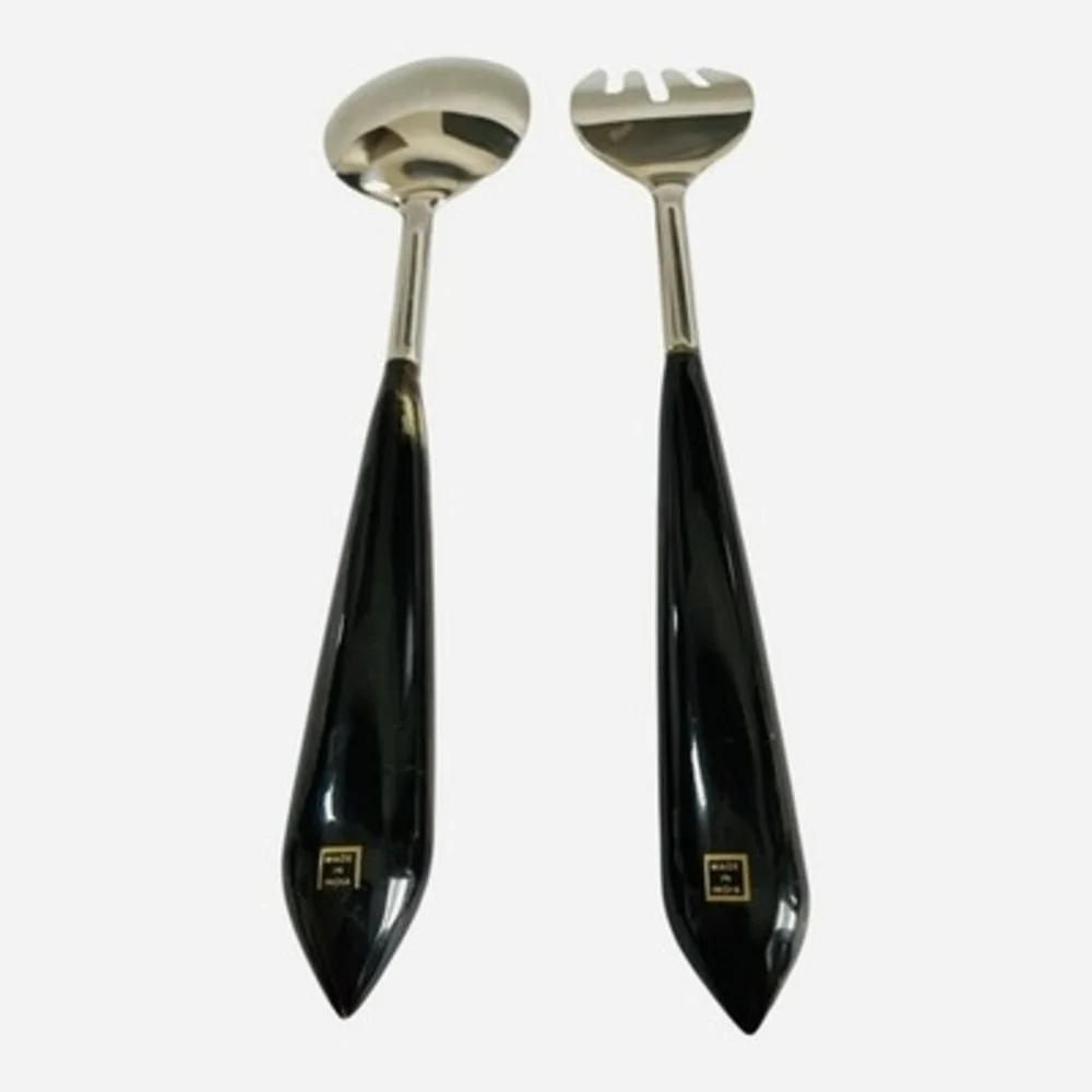 Mid Century Modern Stainless Steel Salad Serving Set Black Handles Vintage NWOT