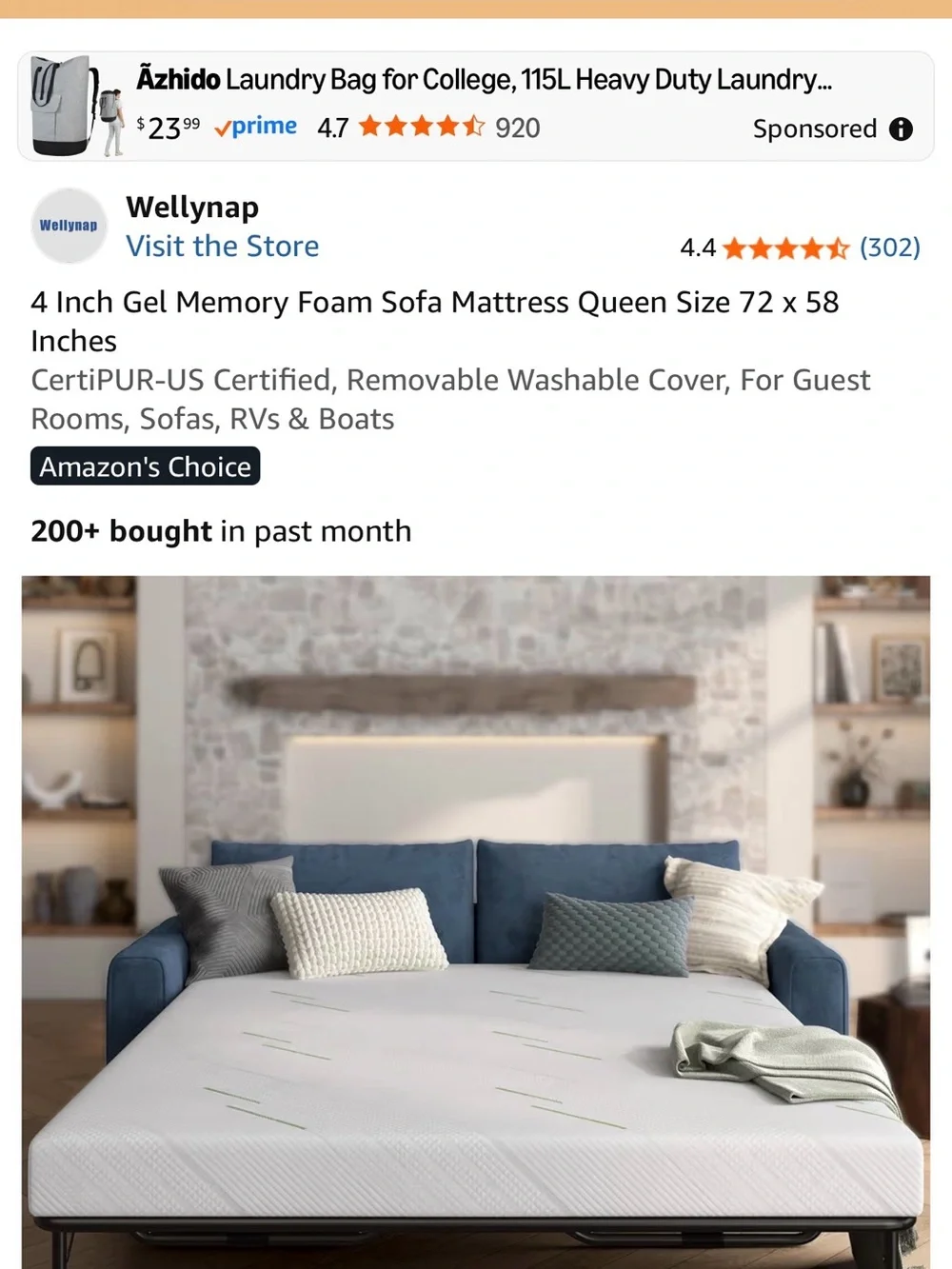 Queen Gel Memory Foam Sofa Mattress - White