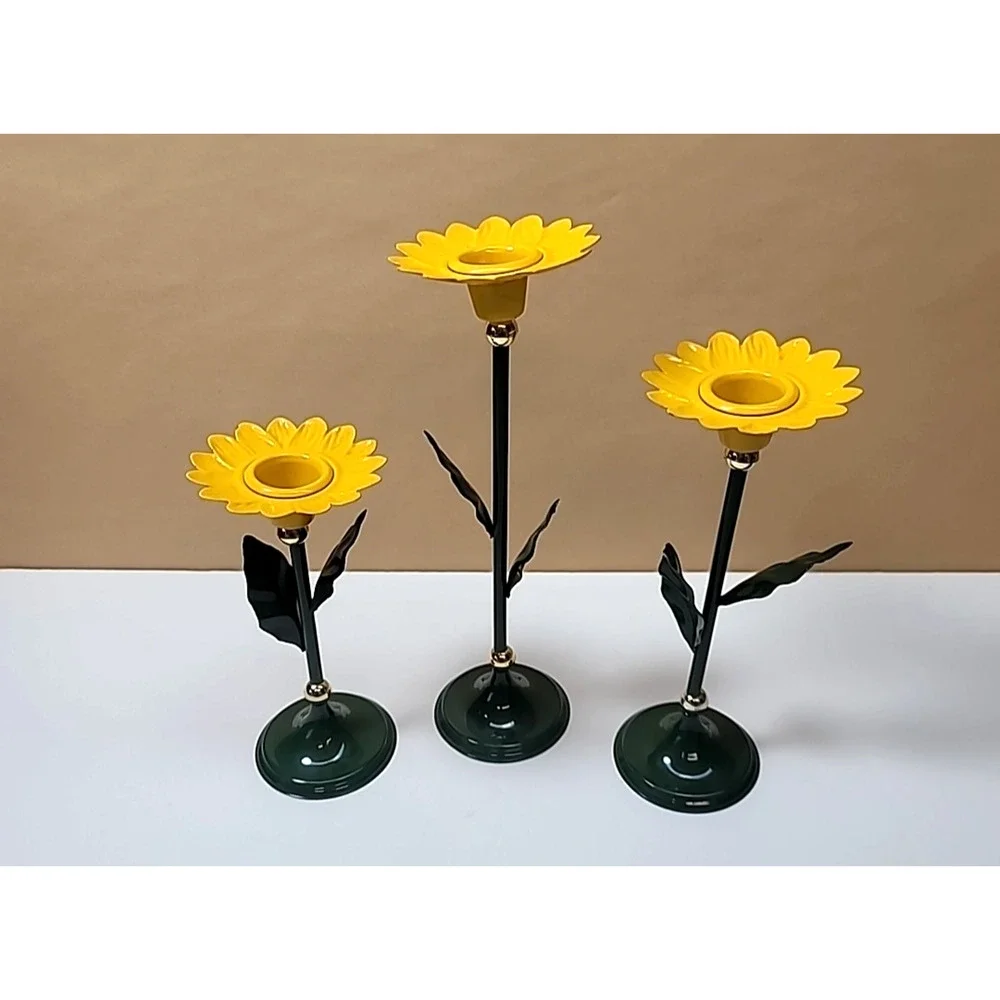Set of‎ 3 Yellow/Green Metal Sunflower/Daisy Candlestick Holders-Cottage-Spring