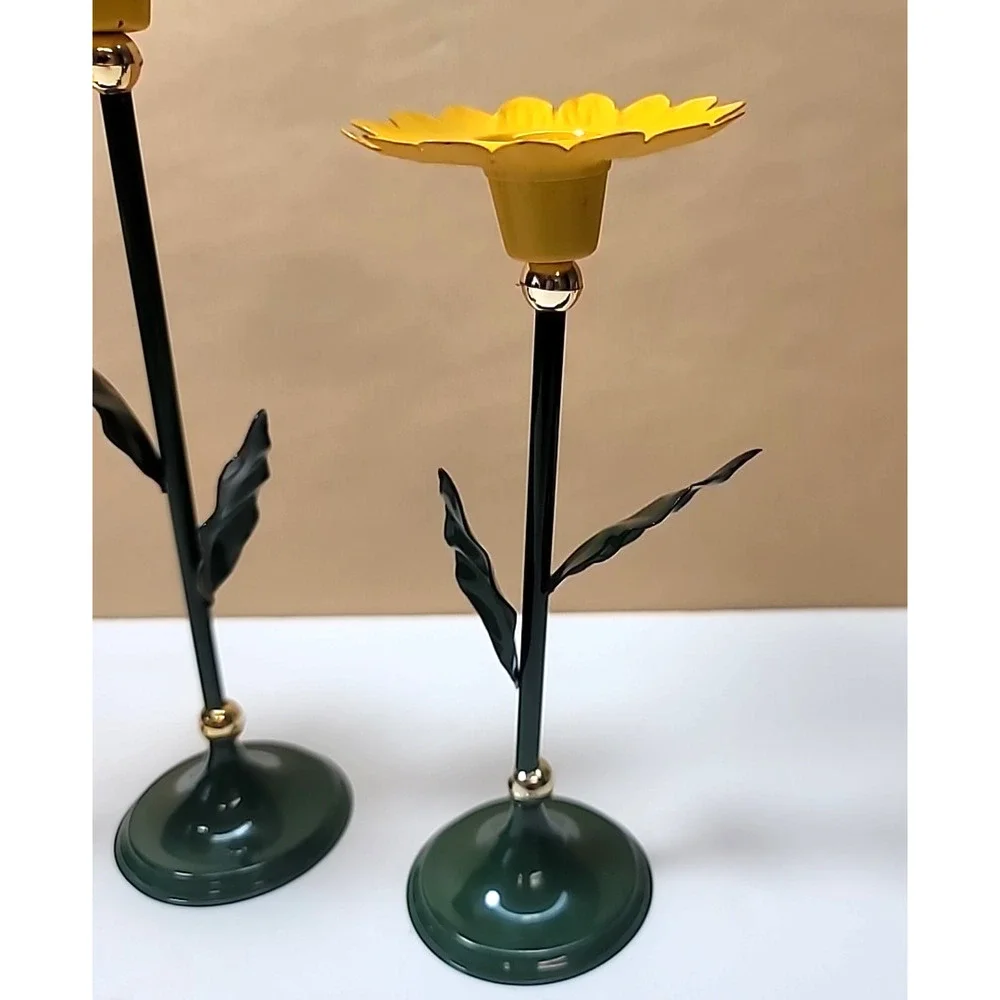 Set of‎ 3 Yellow/Green Metal Sunflower/Daisy Candlestick Holders-Cottage-Spring