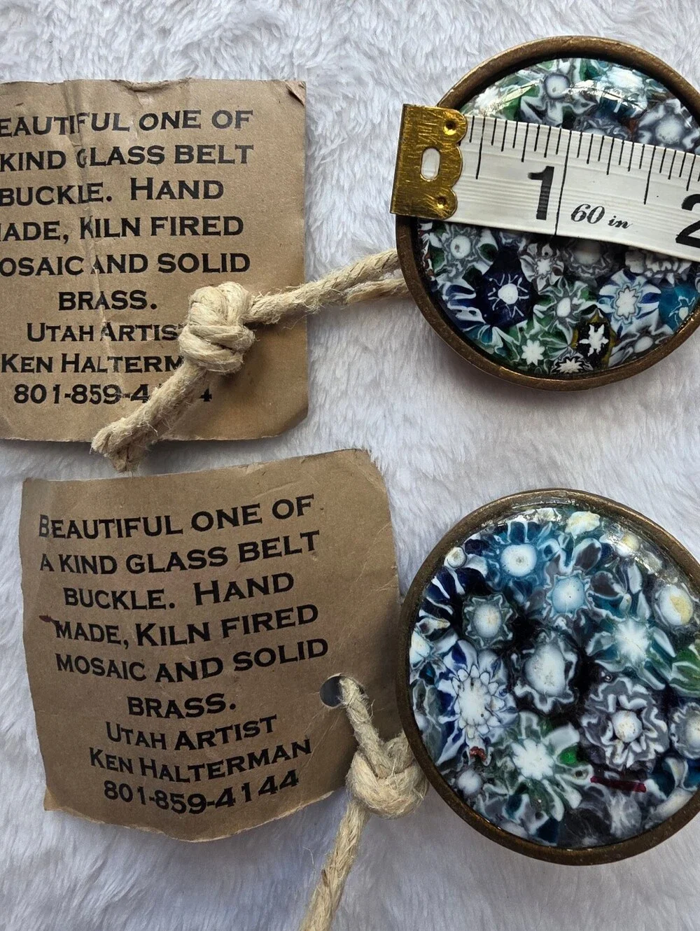 Ken Halterman Handmade Glass Mosaic Solid Brass Belt Buckles Set of 2