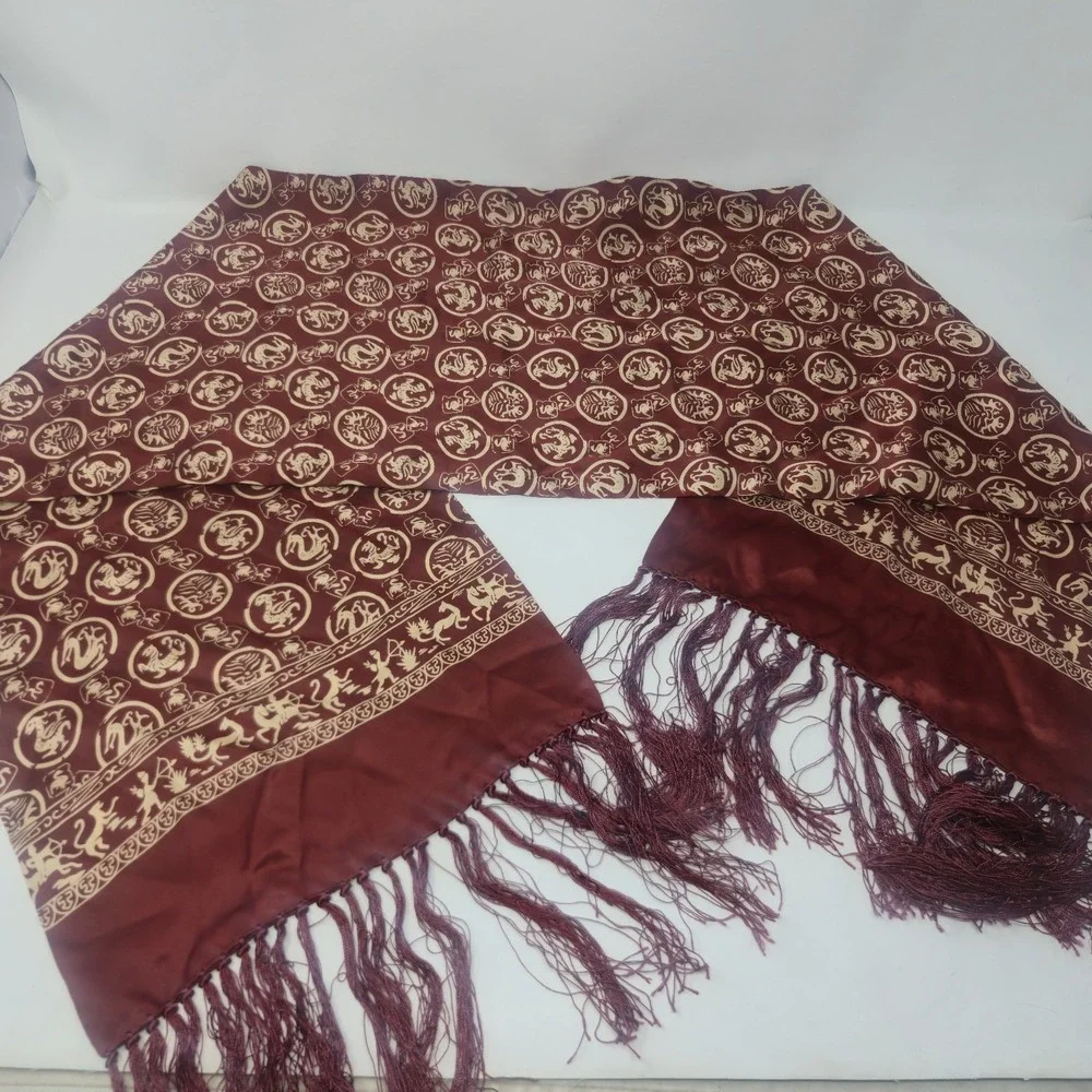 Vintage 100% Silk Scarf Burgundy Gold Dragon Medallions Tassel Fringe 48