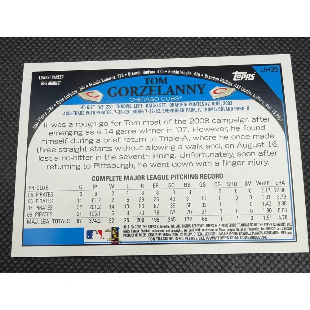 Tom Gorzelanny Chicago Cubs‎ 2009 Topps UH35 Hand Signed Autograph Baseball Card