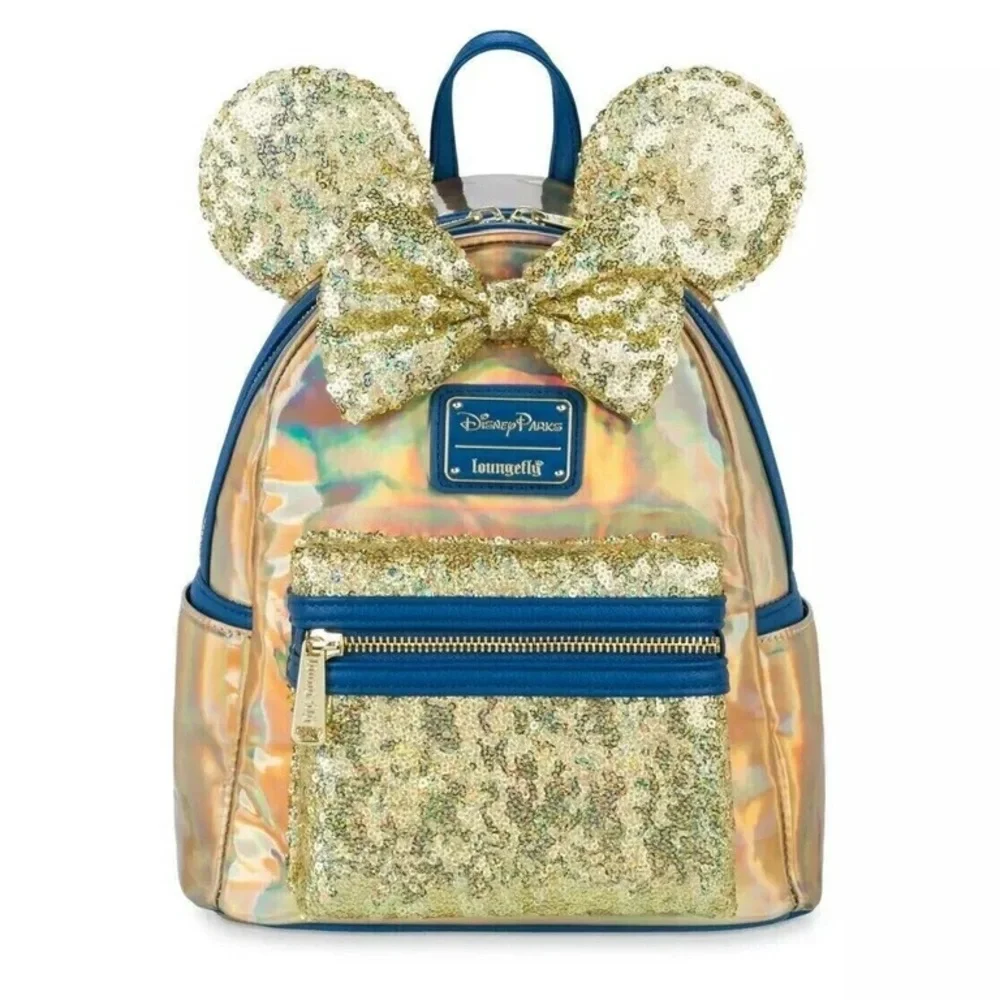 Loungefly EARridescent Gold Sequin Backpack WDW 50th Anniversary and Plushies
