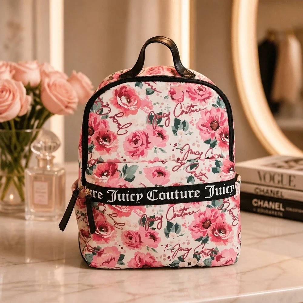 Juicy Couture Floral Print Backpack‎ Pink White Black Logo Tape Trim