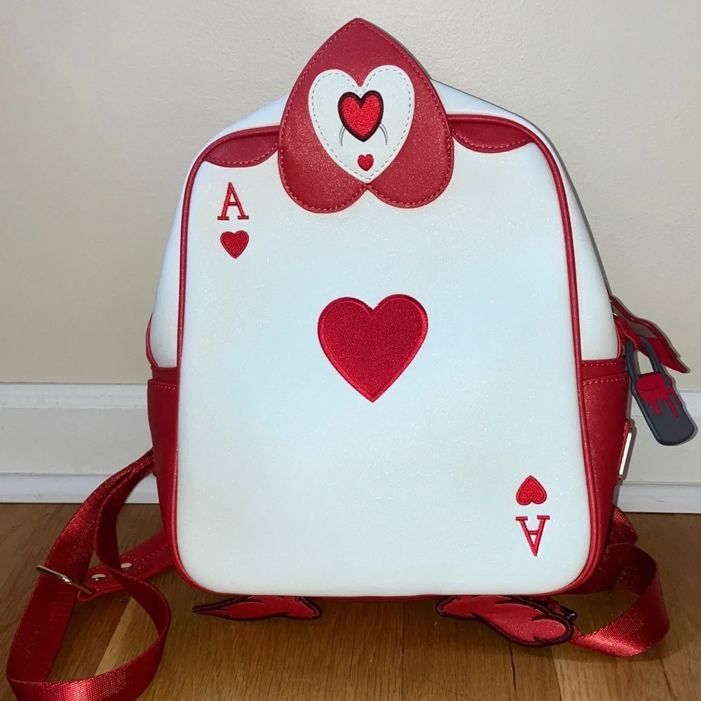 Disney Loungefly Alice in Wonderland Ace Queen of Hearts Mini Backpack Red White