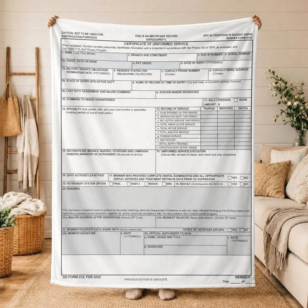 DD Form 214 Certificate of Uniformed Service Military Fleece Throw Blanket White