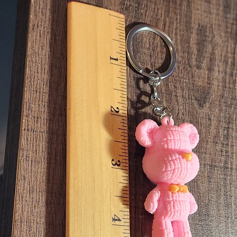 Pink‎ Quilted Teddy Bear Keychain Gold Heart Nose Bow Tie Bag Charm Accessory