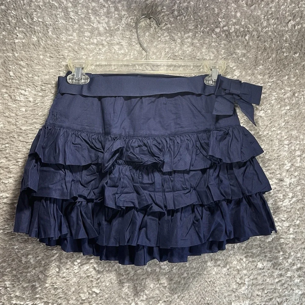 Ralph Lauren Girls Navy Tiered Pull On Ruffle Skirt Belted Sz 12 Preppy‎