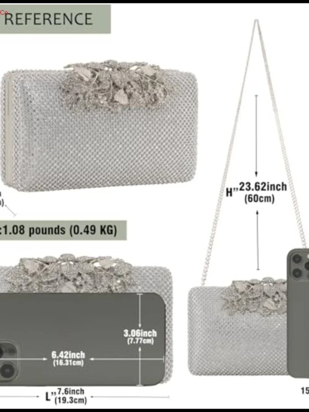 Rhinestone Flower Clasp Evening Clutch Hard Shell Convertible Formal Bag