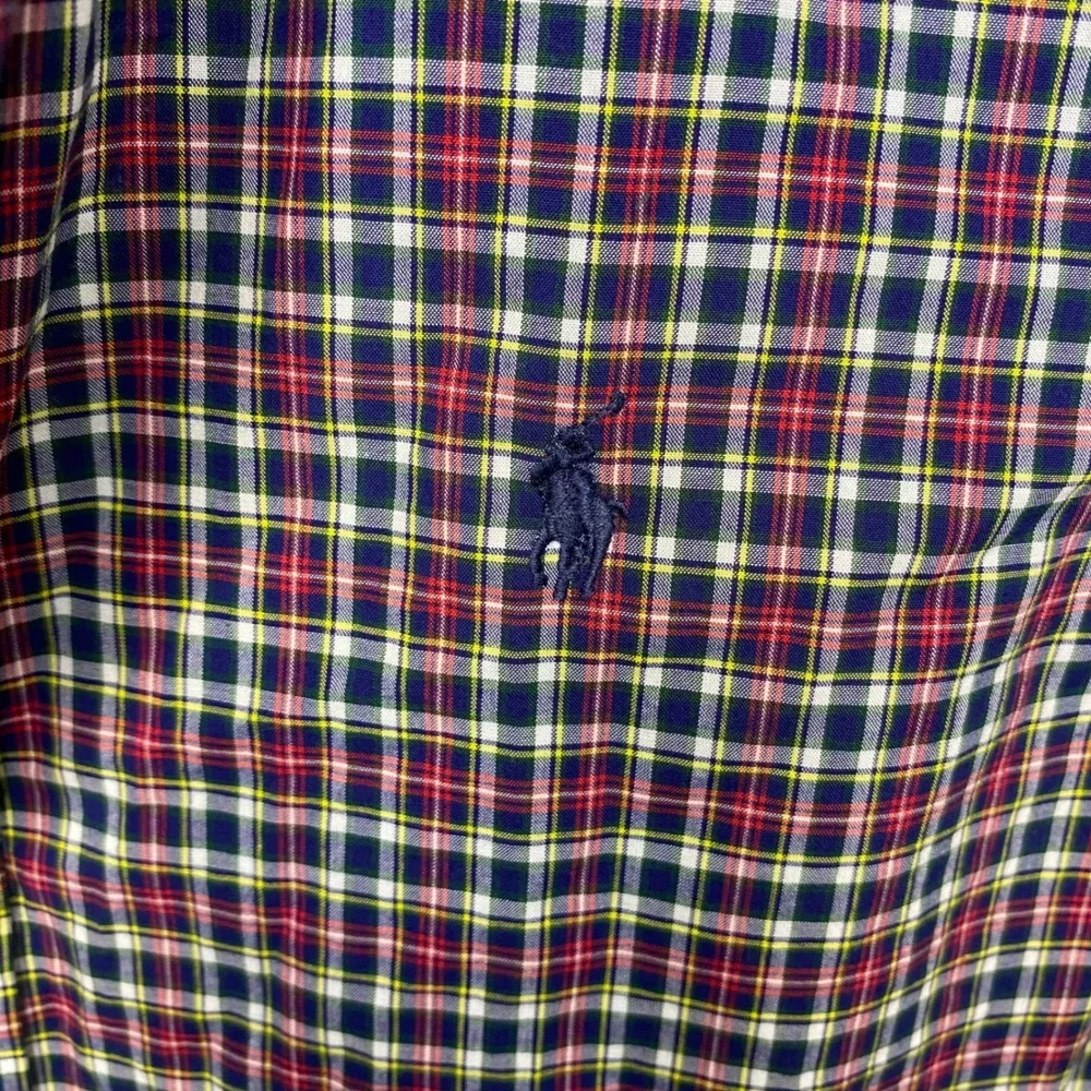 Ralph Lauren Boys Plaid Button Down Shirt Natural Stretch Navy Red Large 14 16