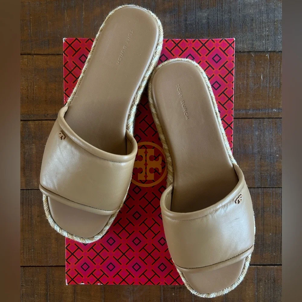 Tory‎ Burch T Logo Leather Espadrille Slide Tiramisu Size 10.5 NEW