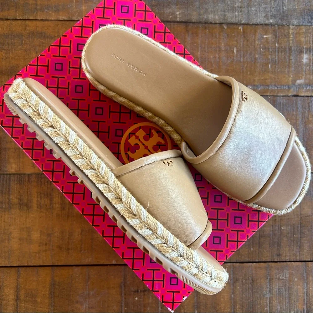Tory‎ Burch T Logo Leather Espadrille Slide Tiramisu Size 10.5 NEW