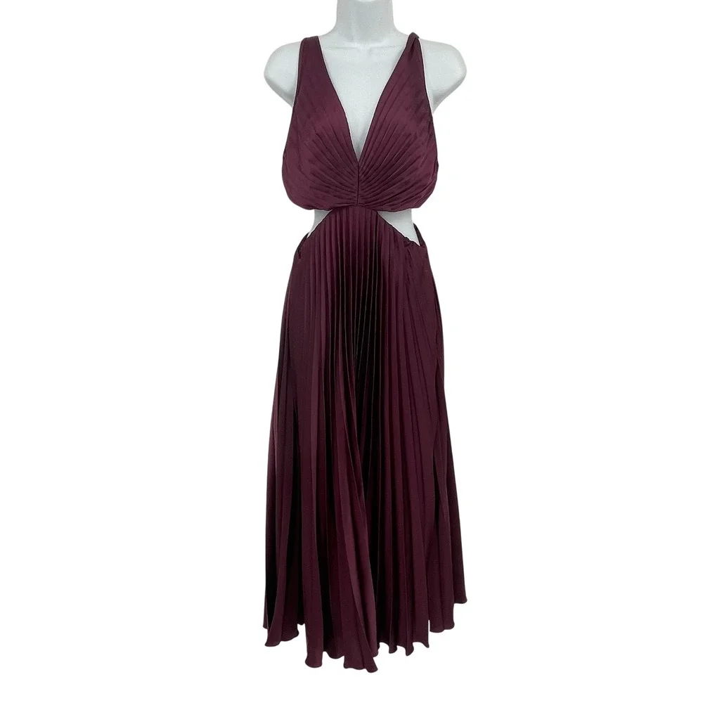 Abercrombie & Fitch Dress Burgundy Pleated Cutout Maxi V-Neck Maroon‎ Medium