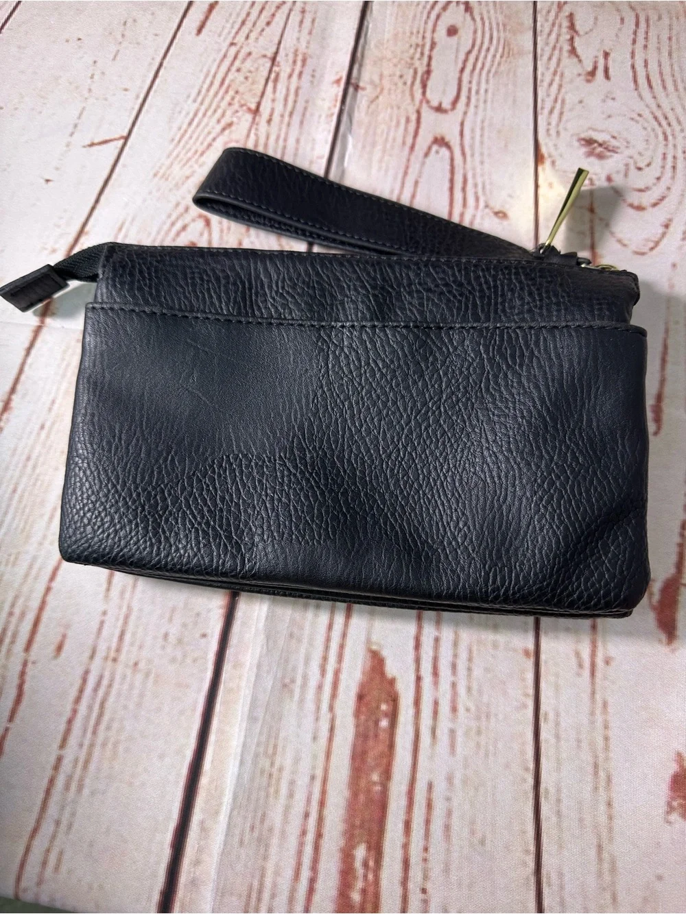 Olivia + Joy Black Pebbled Leather Wristlet Clutch with Gold Logo