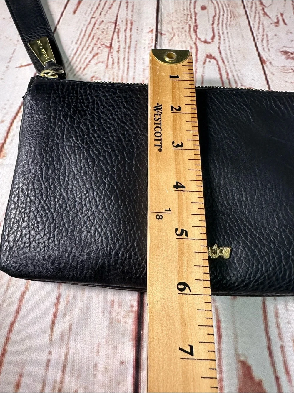 Olivia + Joy Black Pebbled Leather Wristlet Clutch with Gold Logo