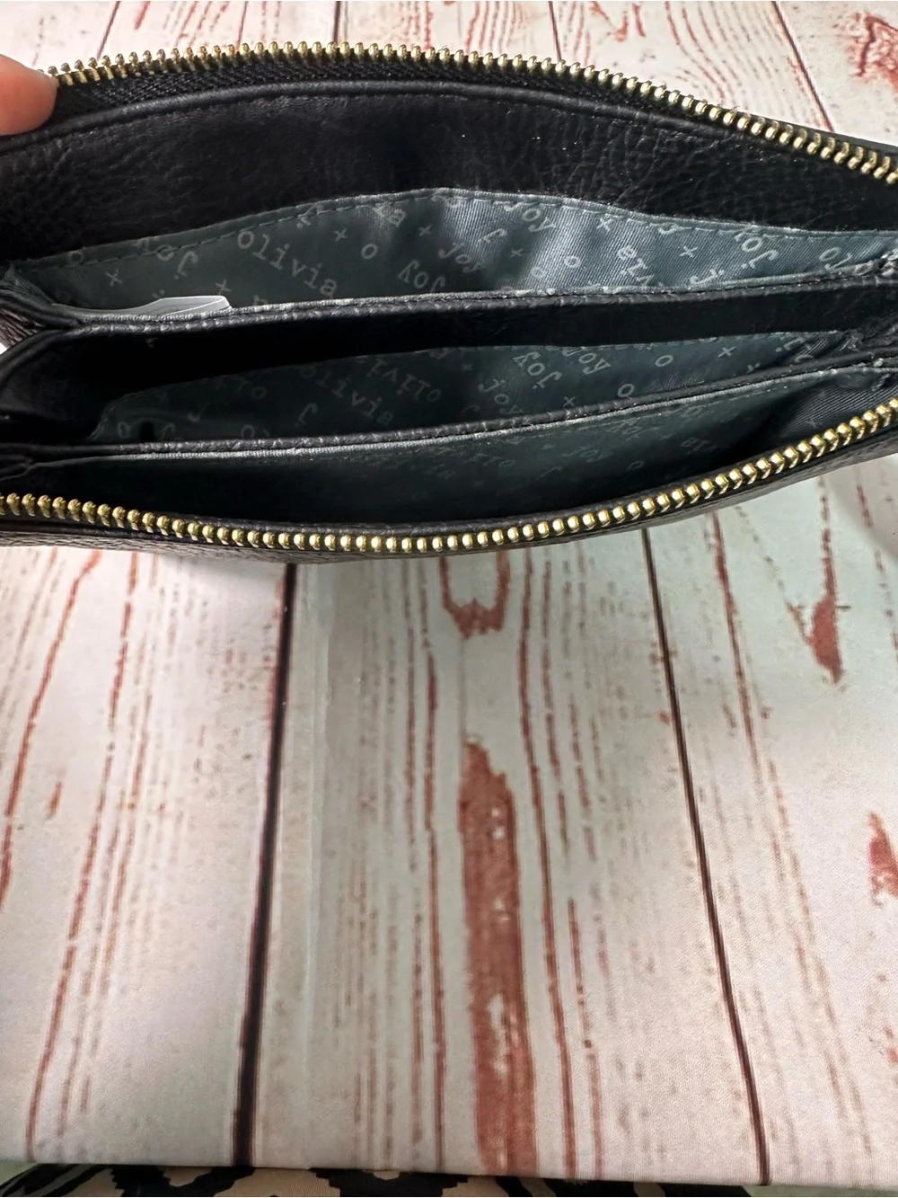 Olivia + Joy Black Pebbled Leather Wristlet Clutch with Gold Logo