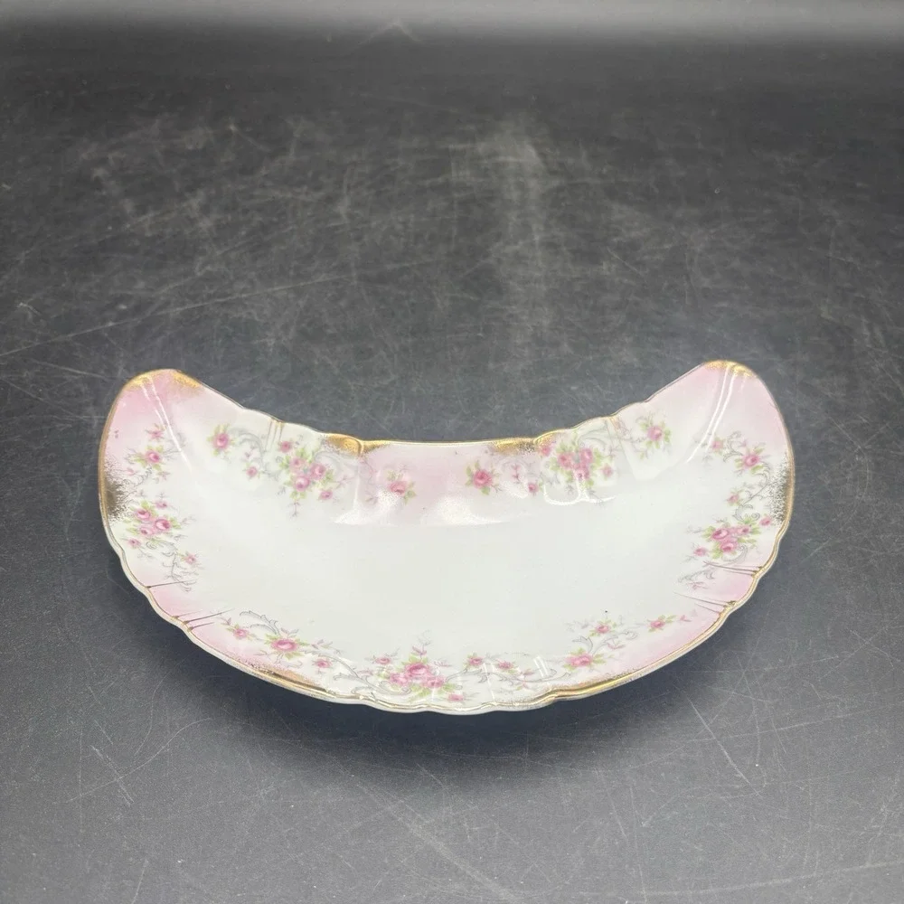 Lefton China Trinket Dish Dainty Pink Rose, Gold Trim Crescent‎ Shape