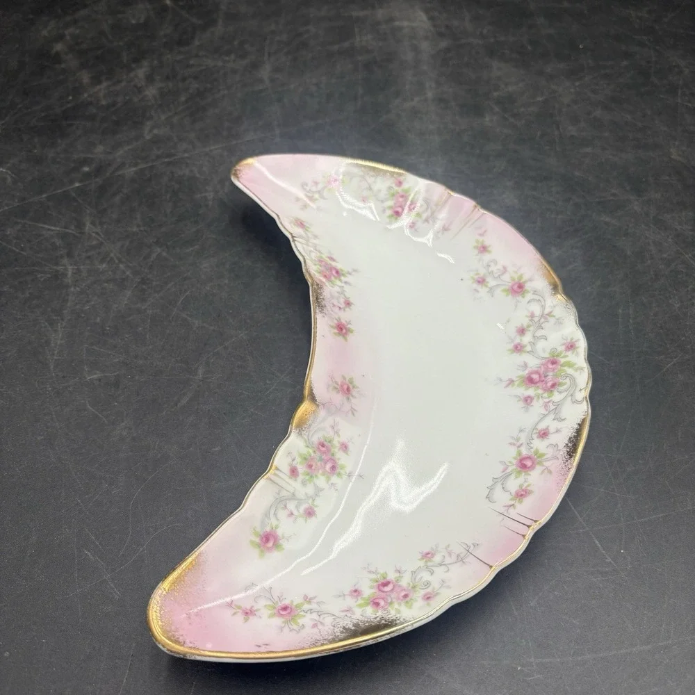 Lefton China Trinket Dish Dainty Pink Rose, Gold Trim Crescent‎ Shape