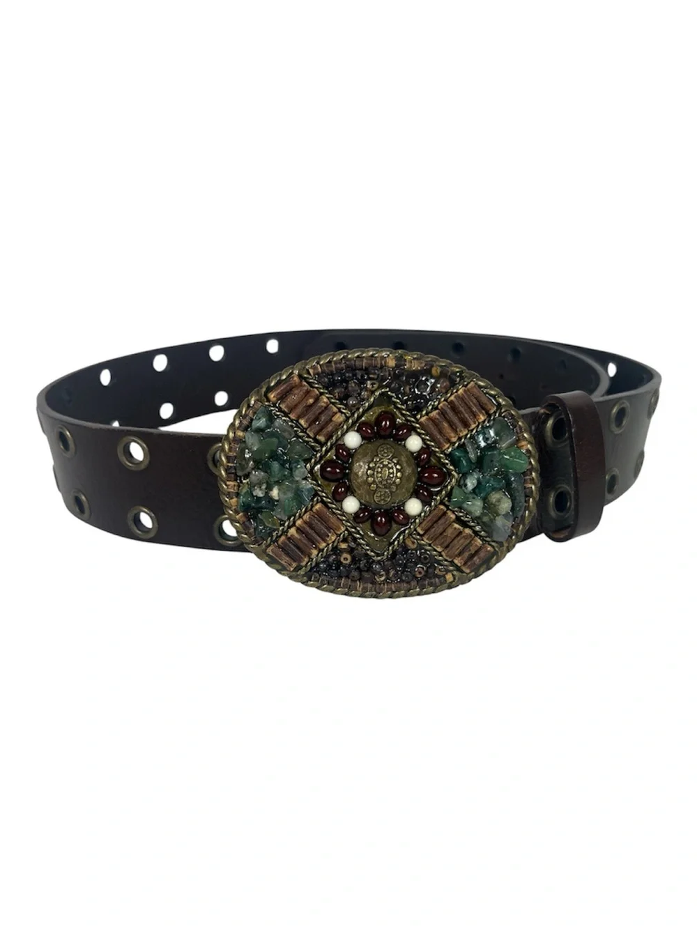 Cabi Sz M Leather Belt Brown Double Grommets Stone/Bead Buckle Vintage