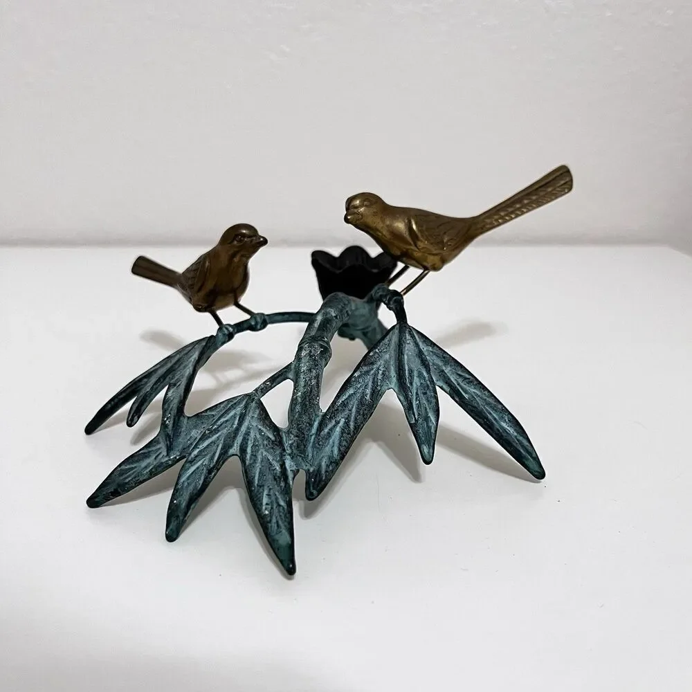 Andrea by Sadek Brass Birds on Bamboo Candle Holder Figurine