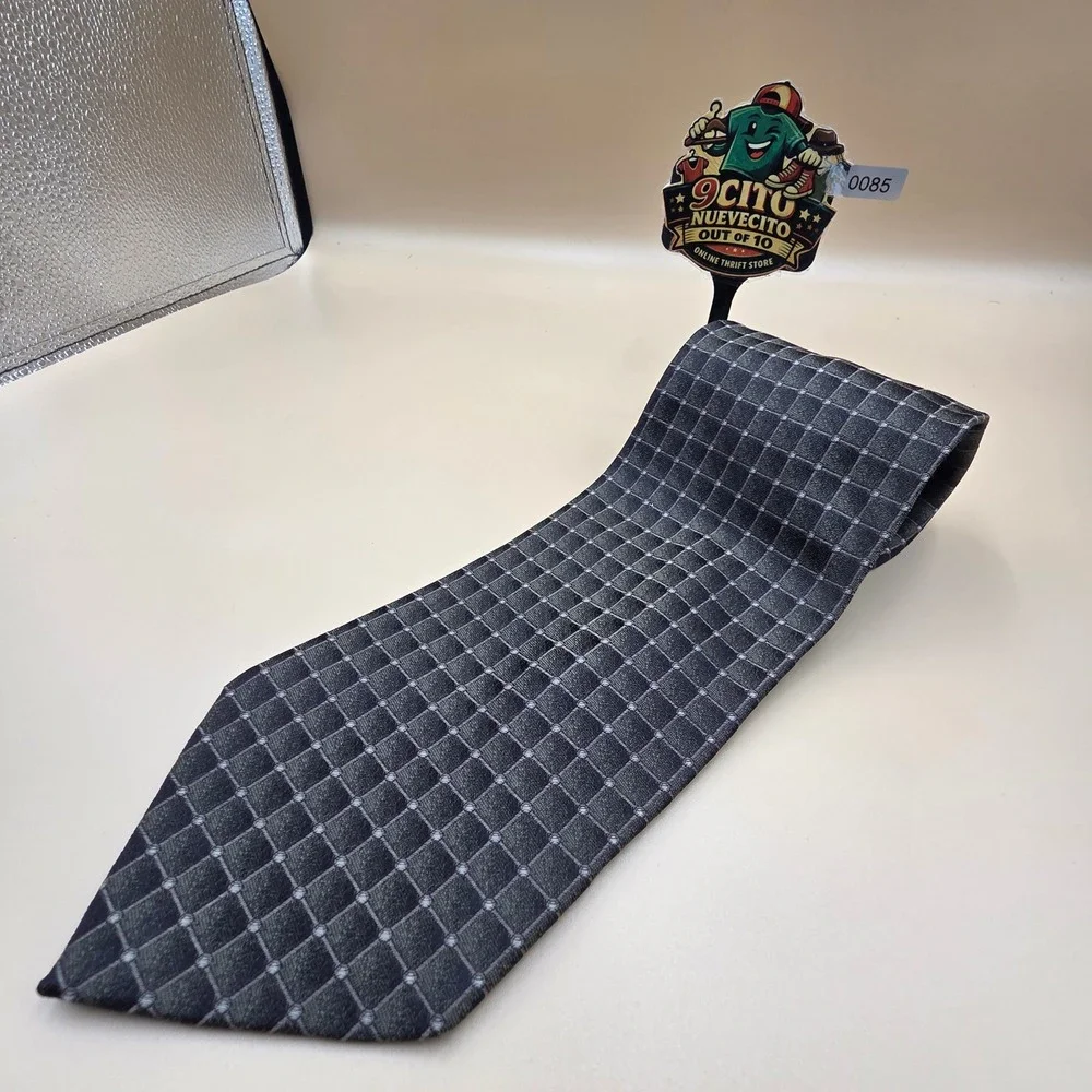 Principe Italy Mens Silk Tie Black Grey Geometric Grid Pattern Professional 3.¾