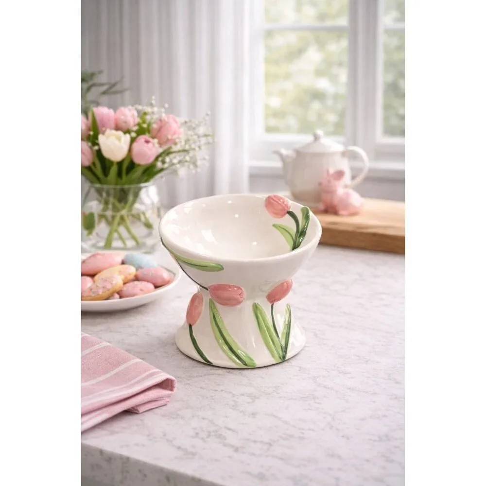 New Pink Tulip Flower Ceramic Raised Tilted Cat Small Dog Pedestal Bowl